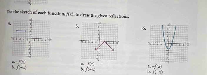 Use the sketch of each function, f(x) , to draw the given reflections.
4.
5.
6
4
2
1 4 4 Q 50 
4
4
10
a. -f(x)
a. -f(x)
a.
b. f(-x) -f(x)
b. f(-x)
b. f(-x)