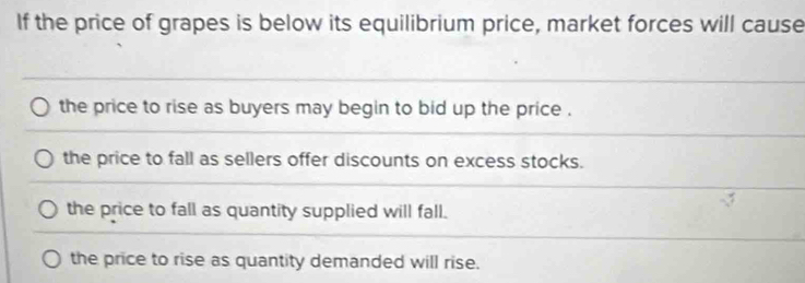 If the price of grapes is below its equilibrium price, market forces will cause
the price to rise as buyers may begin to bid up the price .
the price to fall as sellers offer discounts on excess stocks.
the price to fall as quantity supplied will fall.
the price to rise as quantity demanded will rise.