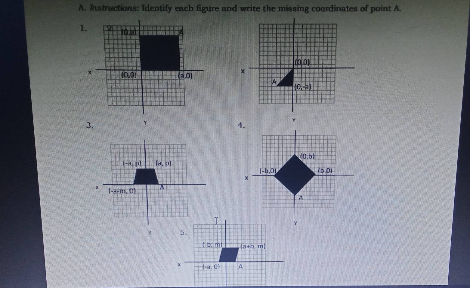 Instructions: Identify each figure and write the missing coordinates of point A.
3.