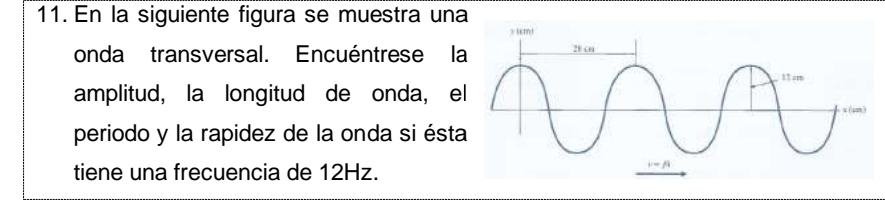 En la siguiente figura se muestra una 
onda transversal. Encuéntrese l 
amplitud, la longitud de onda, e 
periodo y la rapidez de la onda si ést 
tiene una frecuencia de 12Hz.