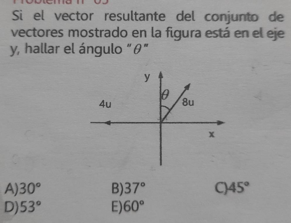 Si el vector resultante del conjunto de
vectores mostrado en la figura está en el eje
y, hallar el ángulo " θ ”
y
0
4u
8u
x
A) 30° B) 37° C) 45°
D) 53° E) 60°