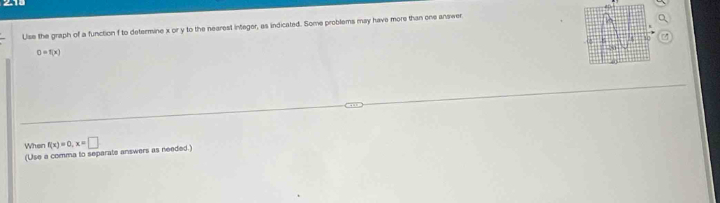 210 
Use the graph of a function f to determine x or y to the nearest integer, as indicated. Some problems may have more than one answer 
a
0=f(x)
When f(x)=0, x=□
(Use a comma to separate answers as needed.)