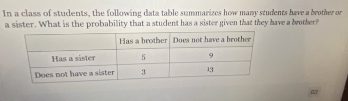 In a class of students, the following data table summarizes how many students have a brother or 
a sister. What is the probability that a student has a sister given that they have a brother?