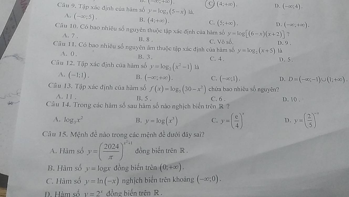 (-∈fty ;+∈fty ).
C (4;+∈fty ).
D. (-∈fty ;4).
Câu 9. Tập xác định của hàm số y=log _3(5-x)la.
A. (-∈fty ;5).
B. (4;+∈fty ).
C. (5;+∈fty ).
D. (-∈fty ;+∈fty ).
Câu 10. Có bao nhiêu số nguyên thuộc tập xác định của hàm số y=log [(6-x)(x+2)] ?
A. 7 . B. 8 .
C. Vô số. D. 9 .
Câu 11. Có bao nhiêu số nguyên âm thuộc tập xác định của hàm số y=log _2(x+5) là
A. 0.
B. 3. C. 4 . D. 5 .
Câu 12. Tập xác định của hàm số y=log _2(x^2-1) là
A. (-1;1).
B. (-∈fty ;+∈fty ). C. (-∈fty ;1). D. D=(-∈fty ;-1)∪ (1;+∈fty ).
Câu 13. Tập xác định của hàm số f(x)=log _5(30-x^2) chứa bao nhiêu số nguyên?
A. 11 . B. 5 . D. 10 .
C. 6 .
Câu 14. Trong các hàm số sau hàm số nào nghịch biến trên R  ?
A. log _3x^2 B. y=log (x^3) C. y=( e/4 )^x y=( 2/5 )^-x
D.
Câu 15. Mệnh đề nào trong các mệnh đề dưới đây sai?
A. Hàm số y=( 2024/π  )^x^2+1 dồng biến trhat enR.
B. Hàm số y=log x đồng biến trên (0;+∈fty ).
C. Hàm số y=ln (-x) nghịch biến trên khoảng (-∈fty ;0).
D. Hàm số y=2^x đồng biến trên R .