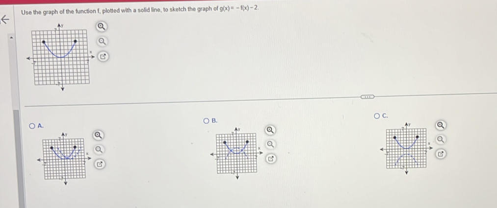 Use the graph of the function f, plotted with a solid line, to sketch the graph of g(x)=-f(x)-2. 
C. 
B. 
A.