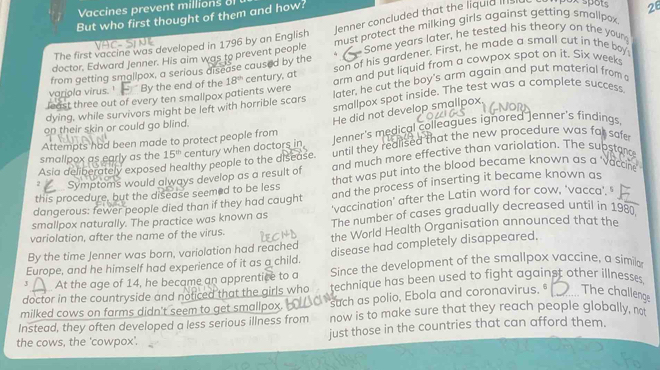 il        
Jenner concluded that the liquid inslu
But who first thought of them and how?
mpox spot 28
doctor, Edward Jenner. His aim was to prevent people must protect the milking girls against getting smallpox.
The first vaccine was developed in 1796 by an English
from getting smallpox, a serious disease caused by the^(Some years later, he tested his theory on the youn
varjola virus. ' By the end of the 18^th) son of his gardener. First, he made a small cut in the boy
feast three out of every ten smallpox patients were century, at arm and put liquid from a cowpox spot on it. Six weeks
dying, while survivors might be left with horrible scars later, he cut the boy's arm again and put material from 
smallpox spot inside. The test was a complete success
He did not develop smallpox
on their skin or could go blind.
smallpox as early as the 15^(th) century when doctors in lenner's medical colleagues ignored Jenner's findings
Attempts had been made to protect people from
Asia deliberately exposed healthy people to the disease. until they realised that the new procedure was far safe 
2  Symptoms would always develop as a result of and much more effective than variolation. The substord
this procedure, but the disease seemed to be less that was put into the blood became known as a 'vaccine
dangerous: fewer people died than if they had caught and the process of inserting it became known as
smallpox naturally. The practice was known as 'vaccination' after the Latin word for cow, 'vacca'. "
variolation, after the name of the virus. The number of cases gradually decreased until in 1980,
By the time Jenner was born, variolation had reached the World Health Organisation announced that the
Europe, and he himself had experience of it as a child. disease had completely disappeared.
J At the age of 14, he became an apprentice to a Since the development of the smallpox vaccine, a similo
doctor in the countryside and noticed that the girls who technique has been used to fight against other illnesses,
milked cows on farms didn't seem to get smallpox. such as polio, Ebola and coronavirus, * _The challenge
Instead, they often developed a less serious illness from now is to make sure that they reach people globally, not
the cows, the 'cowpox'. just those in the countries that can afford them.