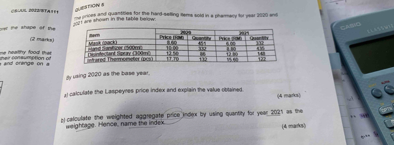 CS/JUL 2022/STA111 The prices and quantities for the hard-selling items sold in a pharmacy for year 2020 an 
pret the shape of the 021 are shown in the table below: 
CASIO 
CLASSWIZ 
(2 marks) 
me healthy food that 
their consumption of 
and orange on a 
By using 2020 as the base year,
17%
』) calculate the Laspeyres price index and explain the value obtained. 
(4 marks) 
b) calculate the weighted aggregate price index by using quantity for year 2021 as the 
OPTN 
weightage. Hence, name the index. 
(4 marks)