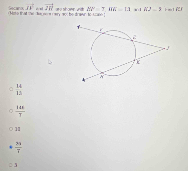 Secants vector JF and vector JH are shown with EF=7, HK=13 , and KJ=2 Find EJ
(Note that the diagram may not be drawn to scale.)
 14/13 
 146/7 
10
 26/7 
3