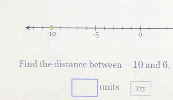 Find the distance between —10 and 6. 
units Try