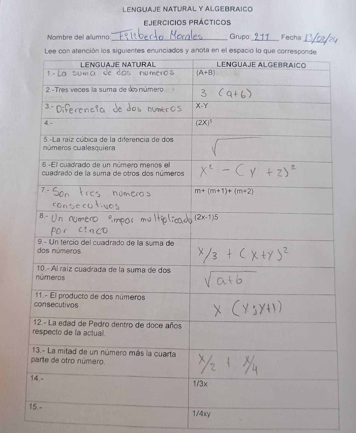 LENGUAJE NATURAL Y ALGEBRAICO
Ejercicios prácticos
_
Nombre del alumno: _Grupo:_ Fecha:
1/4xy