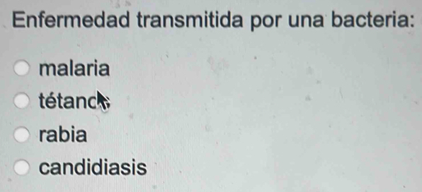 Enfermedad transmitida por una bacteria:
malaria
té tanc
rabia
candidiasis