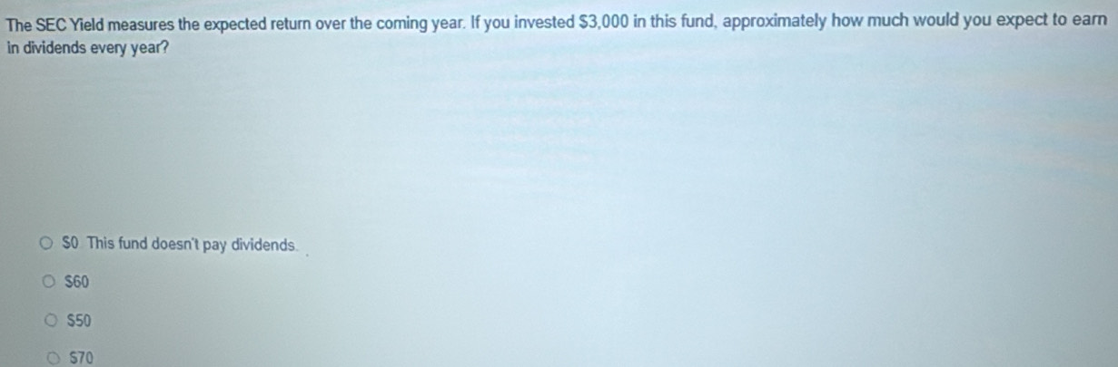 The SEC Yield measures the expected return over the coming year. If you invested $3,000 in this fund, approximately how much would you expect to earn
in dividends every year?
$0 This fund doesn't pay dividends.
$60
$50
S70