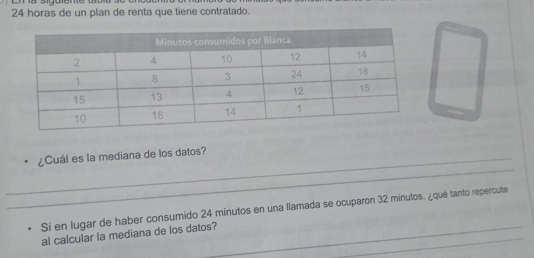 horas de un plan de renta que tiene contratado. 
_ 
_¿Cuál es la mediana de los datos? 
Si en lugar de haber consumido 24 minutos en una llamada se ocuparon 32 minutos, ¿qué tanto repercute 
al calcular la mediana de los datos?_