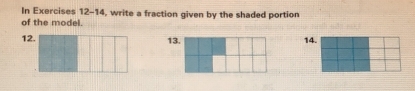 In Exercises 12-14, write a fraction given by the shaded portion 
of the model. 
12. 13. 14.