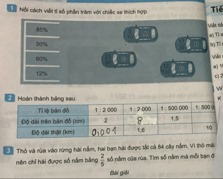 Nể Nổi cách viết tỉ số phần trăm với chiếc xe thích hợp. Tiế
Viết tiế
85%
 6/10  A a) Tis
 17/20 
50% B b) Ti s
 25/50 
60% C
Viết 
12
12% 100 D a) 1
c)2
Vil
2 Hoàn thàn K
3 Thỏ và rùa vào rừng hái nấm, hai bạn hái được tất cả 84 cây nấm. Vì thỏ mải
nên chỉ hái được số nấm bằng  2/5  số nấm của rùa. Tìm số nấm mà mỗi bạn đ
Bài giải