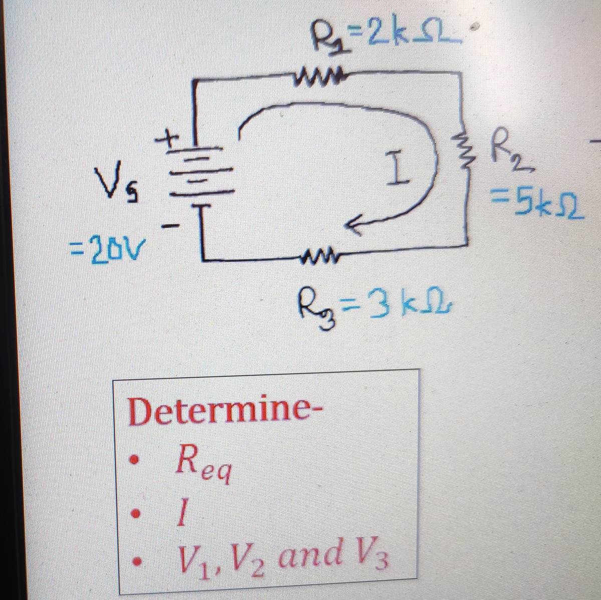 Determine-
R_eq
I
V_1, V_2 and V_3