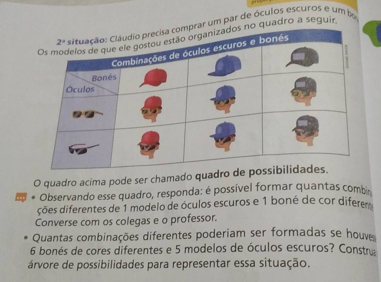 prope
m par de óculos escuros e um bo
dro a seguír,
O quadro acima pode ser chamado 
。  Observando esse quadro, responda: é possível formar quantas combin
ções diferentes de 1 modelo de óculos escuros e 1 boné de cor diferente
Converse com os colegas e o professor.
Quantas combinações diferentes poderiam ser formadas se houvess
6 bonés de cores diferentes e 5 modelos de óculos escuros? Construa
árvore de possibilidades para representar essa situação.