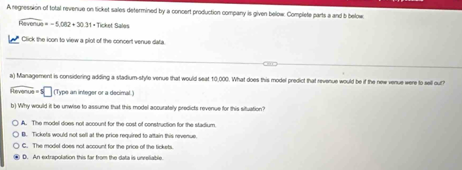 A regression of total revenue on ticket sales determined by a concert production company is given below. Complete parts a and b below.
overline Revenue=-5,082+30.31· TicketSales
Click the icon to view a plot of the concert venue data.
a) Management is considering adding a stadium-style venue that would seat 10,000. What does this model predict that revenue would be if the new venue were to sell out?
widehat Revenue=S□ (Type an integer or a decimal.)
b) Why would it be unwise to assume that this model accurately predicts revenue for this situation?
A. The model does not account for the cost of construction for the stadium.
B. Tickets would not sell at the price required to attain this revenue.
C. The model does not account for the price of the tickets.
D. An extrapolation this far from the data is unreliable.