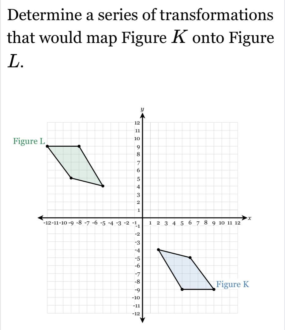 Determine a series of transformations 
that would map Figure K onto Figure
L. 
Fig