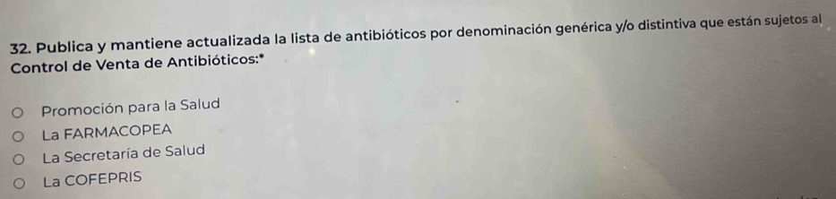 Publica y mantiene actualizada la lista de antibióticos por denominación genérica y/o distintiva que están sujetos al
Control de Venta de Antibióticos:*
Promoción para la Salud
La FARMACOPEA
La Secretaría de Salud
La COFEPRIS