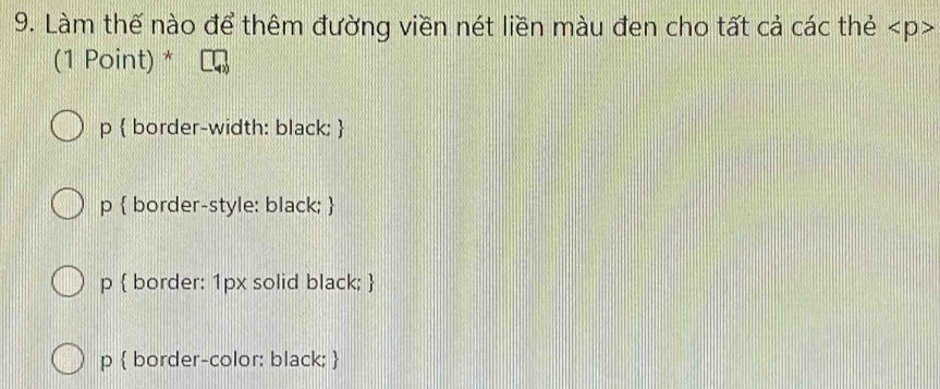 Làm thế nào để thêm đường viền nét liền màu đen cho tất cả các thẻ
(1 Point) *
p  border-width: black; 
p  border-style: black; 
p  border: 1px solid black; 
p  border-color: black; 