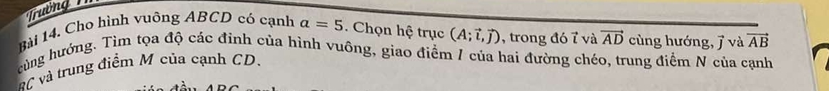 Trường 
Bài 14. Cho hình vuông ABCD có cạnh a=5. Chọn hệ trục (A;vector l,vector j) , trong đó 7 và vector AD cùng hướng, j và vector AB
cùng hướng. Tìm tọa độ các đỉnh của hình vuông, giao điểm / của hai đường chéo, trung điểm N của cạnh
C và trung điểm M của cạnh CD.