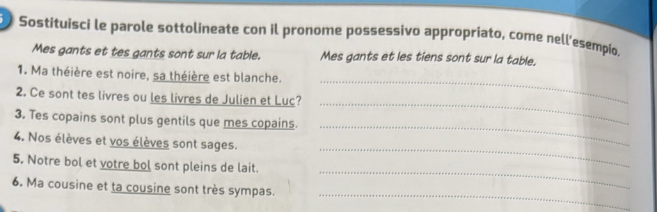 Sostituisci le parole sottolineate con il pronome possessivo appropriato, come nell’esempio. 
Mes gants et tes gants sont sur la table. Mes gants et les tiens sont sur la table. 
_ 
1. Ma théière est noire, sa théière est blanche. 
_ 
2. Ce sont tes livres ou les livres de Julien et Luc? 
_ 
3. Tes copains sont plus gentils que mes copains. 
_ 
4. Nos élèves et vos élèves sont sages. 
_ 
5. Notre bol et votre bol sont pleins de lait. 
_ 
6. Ma cousine et ta cousine sont très sympas.