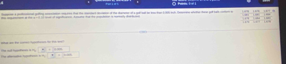 ○ Points: 0 of 1
this requireent at the Suppose a professional goifing association requires that the slandard deviation of the diameter of a golf ball be less than 0:005 inch. Determine whether these golf balls confur i
x=0.20 level of significance. Arsume that the population is noemally distributed
What are the comect hyporheses for this tes?
The sull hypothesin is Hy.. a.006.
The alternadive hypolhesis is H_2 ' 0.00s