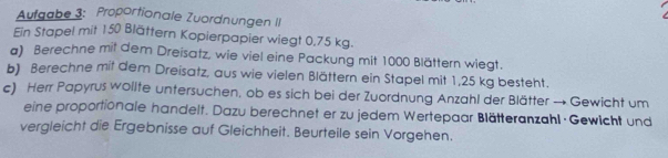 Aufgabe 3: Proportionale Zuordnungen II 
Ein Stapel mit 150 Blättern Kopierpapier wiegt 0,75 kg. 
a) Berechne mit dem Dreisatz, wie viel eine Packung mit 1000 Blättern wiegt. 
b) Berechne mit dem Dreisatz, aus wie vielen Blättern ein Stapel mit 1,25 kg besteht. 
c) Herr Papyrus woilte untersuchen, ob es sich bei der Zuordnung Anzahl der Blätter → Gewicht um 
eine proportionale handelt. Dazu berechnet er zu jedem Wertepaar Blätteranzahl · Gewicht und 
vergleicht die Ergebnisse auf Gleichheit. Beurteile sein Vorgehen.