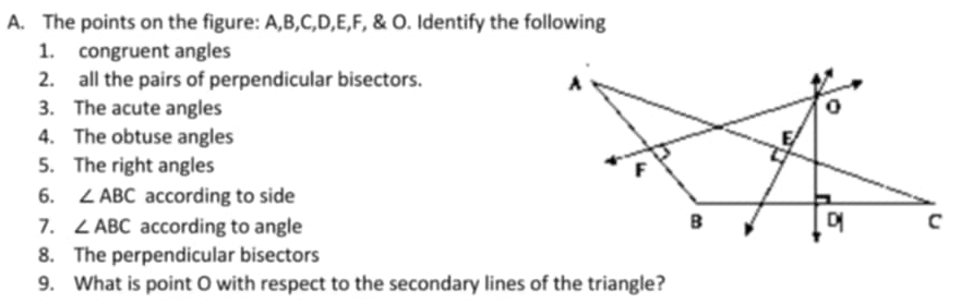 The points on the figure: A, B, C, D, E, F, & O. Identify the following 
1. congruent angles 
2. all the pairs of perpendicular bisectors. 
A 
3. The acute angles 
4. The obtuse angles E
5. The right angles F
6. ∠ ABC according to side 
7. ∠ ABC according to angle
B
D C
8. The perpendicular bisectors 
9. What is point O with respect to the secondary lines of the triangle?