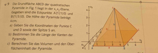 Die Grundfläche ABCD der quadratischen
Pyramide in Fig. 1 liegt in der x_1x_2 -Ebene.
Gegeben sind die Eckpunkte A(1|1|0) und
B(1|5|0). Die Höhe der Pyramide beträgt
4 cm.
a) Geben Sie die Koordinaten der Punkte C
und D sowie der Spitze S an.
b) Bestimmen Sie die Länge der Kanten der
Pyramide.
c) Berechnen Sie das Volumen und den Ober-
flächeninhalt der Pyramide.