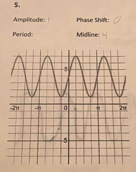 Amplitude: ` Phase Shift: 
Period: Midline: