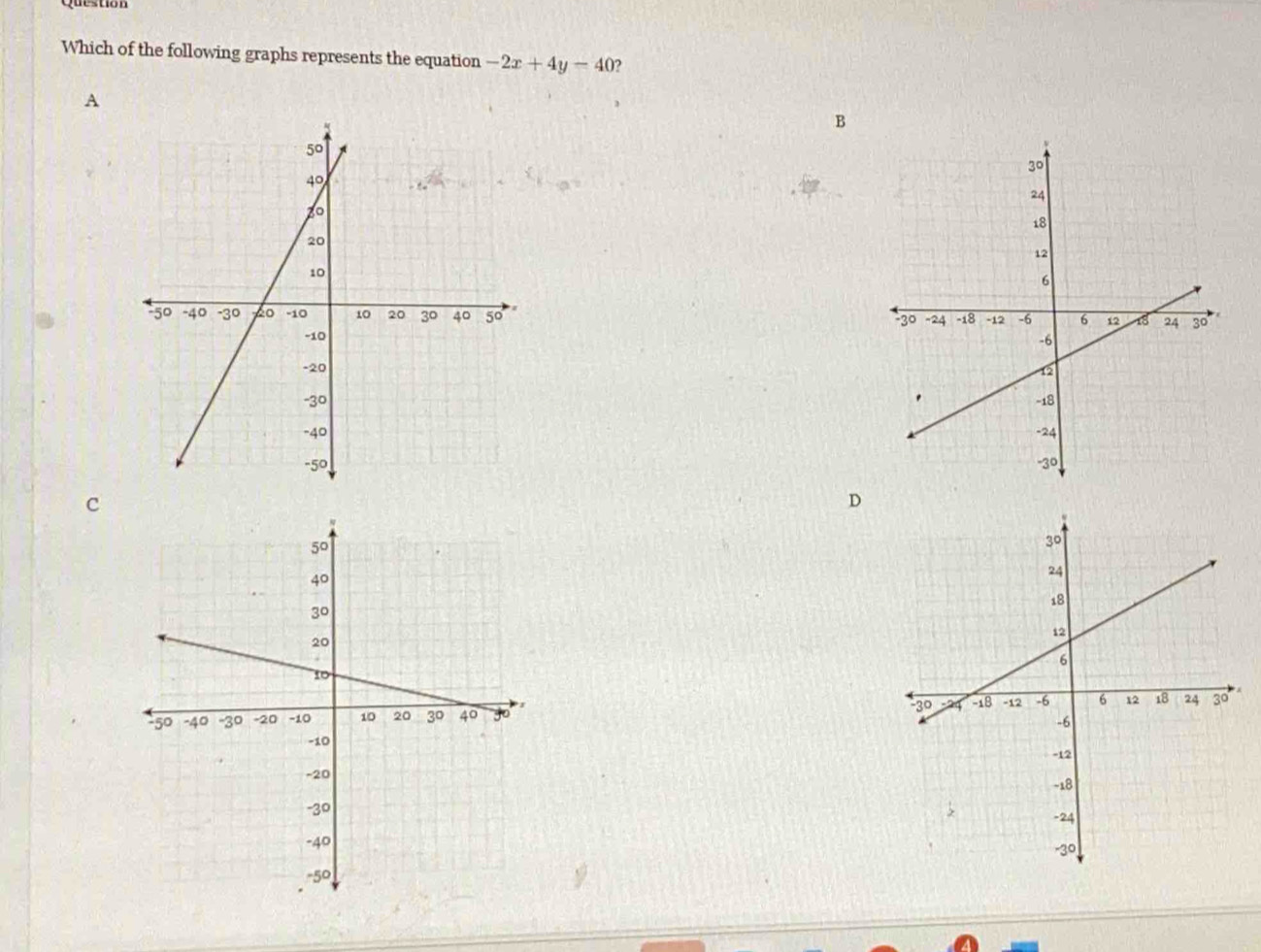 Which of the following graphs represents the equation -2x+4y-40 2 
A 
B 




c 
D