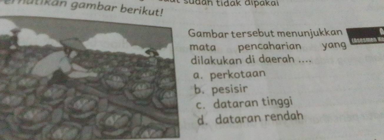 sudan tidak dlpakaı
arnatikan gambar berik
mbar tersebut menunjukkan
ta pencaharian yang (Asesmen
lakukan di daerah ....
perkotaan
pesisir. dataran tinggi. dataran rendah