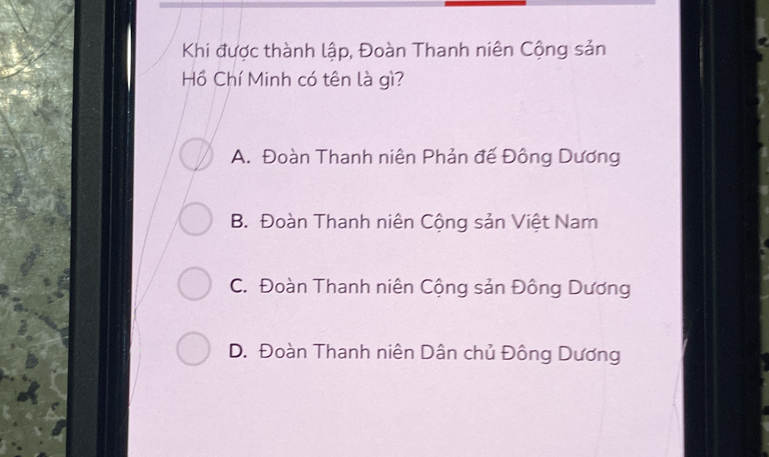 Khi được thành lập, Đoàn Thanh niên Cộng sản
Hồ Chí Minh có tên là gì?
A. Đoàn Thanh niên Phản đế Đông Dương
B. Đoàn Thanh niên Cộng sản Việt Nam
C. Đoàn Thanh niên Cộng sản Đông Dương
D. Đoàn Thanh niên Dân chủ Đông Dương