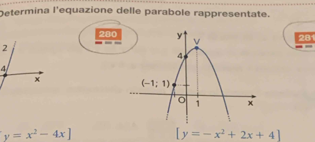 Determina l'equazione delle parabole rappresentate.
280
281
y=x^2-4x]
[y=-x^2+2x+4]