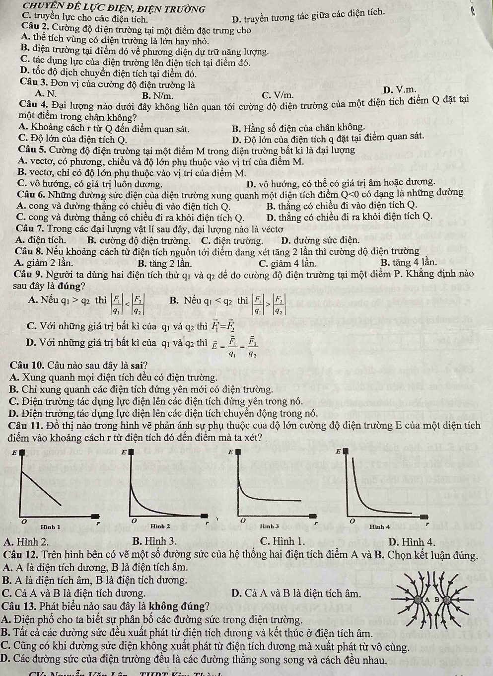 chuyệN đÊ lựC điệN, điệN trường
C. truyền lực cho các điện tích.
D. truyền tương tác giữa các điện tích.
Câu 2. Cường độ điện trường tại một điểm đặc trưng cho
A. thể tích vùng có điện trường là lớn hay nhỏ.
B. điện trường tại điểm đó về phương diện dự trữ năng lượng.
C. tác dụng lực của điện trường lên điện tích tại điểm đó.
D. tốc độ dịch chuyển điện tích tại điểm đó.
Câu 3. Đơn vị của cường độ điện trường là
A. N. B. N/m. C. V/m.
D. V.m.
Câu 4. Đại lượng nào dưới đây không liên quan tới cường độ điện trường của một điện tích điểm Q đặt tại
một điểm trong chân không?
A. Khoảng cách r từ Q đến điểm quan sát. B. Hằng số điện của chân không.
C. Độ lớn của điện tích Q. D. Độ lớn của điện tích q đặt tại điểm quan sát.
Câu 5. Cường độ điện trường tại một điểm M trong điện trường bất kì là đại lượng
A. vectơ, có phương, chiều và độ lớn phụ thuộc vào vị trí của điểm M.
B. vectơ, chỉ có độ lớn phụ thuộc vào vị trí của điểm M.
C. vô hướng, có giá trị luôn dương. D. vô hướng, có thể có giá trị âm hoặc dương.
Câu 6. Những đường sức điện của điện trường xung quanh một điện tích điểm Q<0</tex> có dạng là những đường
A. cong và đường thắng có chiều đi vào điện tích Q. B. thẳng có chiều đi vào điện tích Q.
C. cong và đường thẳng có chiều đi ra khỏi điện tích Q. D. thẳng có chiều đi ra khỏi điện tích Q.
Câu 7. Trong các đại lượng vật lí sau đây, đại lượng nào là véctơ
A. điện tích. B. cường độ điện trường. C. điện trường. D. đường sức điện.
Câu 8. Nếu khoảng cách từ điện tích nguồn tới điểm đang xét tăng 2 lần thì cường độ điện trường
A. giảm 2 lần. B. tăng 2 lần. C. giảm 4 lần. B. tăng 4 lần.
Câu 9. Người ta dùng hai điện tích thử q1 và q2 để đo cường độ điện trường tại một điểm P. Khẳng định nào
sau đây là đúng?
A. Nếu q_1>q_2 thì |frac F_1q_1| B. Nếu q_1 thì |frac F_1q_1|>|frac F_2q_2|
C. Với những giá trị bất kì của q1 và q2 thì vector F_1=vector F_2
D. Với những giá trị bất kì của q1 và q2 thì vector E=frac vector F_1q_1=frac vector F_2q_2
Câu 10. Câu nào sau đây là sai?
A. Xung quanh mọi điện tích đều có điện trường.
B. Chỉ xung quanh các điện tích đứng yên mới có điện trường.
C. Điện trường tác dụng lực điện lên các điện tích đứng yên trong nó.
D. Điện trường tác dụng lực điện lên các điện tích chuyền động trong nó.
Câu 11. Đồ thị nào trong hình vẽ phản ánh sự phụ thuộc của độ lớn cường độ điện trường E của một điện tích
điểm vào khoảng cách r từ điện tích đó đến điểm mà ta xét?
 
A. Hình 2. B. Hình 3. C. Hình 1. D. Hình 4.
Câu 12. Trên hình bên có vẽ một số đường sức của hệ thống hai điện tích điểm A và B. Chọn kết luận đúng.
A. A là điện tích dương, B là điện tích âm.
B. A là điện tích âm, B là điện tích dương.
C. Cả A và B là điện tích dương. D. Cả A và B là điện tích âm.
Câu 13. Phát biểu nào sau đây là không đúng?
A. Điện phổ cho ta biết sự phân bố các đường sức trong điện trường.
B. Tất cả các đường sức đều xuất phát từ điện tích dương và kết thúc ở điện tích âm.
C. Cũng có khi đường sức điện không xuất phát từ điện tích dương mà xuất phát từ vô cùng.
D. Các đường sức của điện trường đều là các đường thắng song song và cách đều nhau.