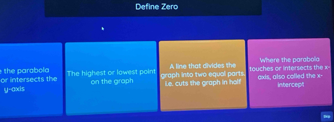 Define Zero 
Where the parabola 
the parabola The highest or lowest point A line that divides the touches or intersects the x-
or intersects the on the graph graph into two equal parts. axis, also called the x-
y-axis i.e. cuts the graph in half intercept