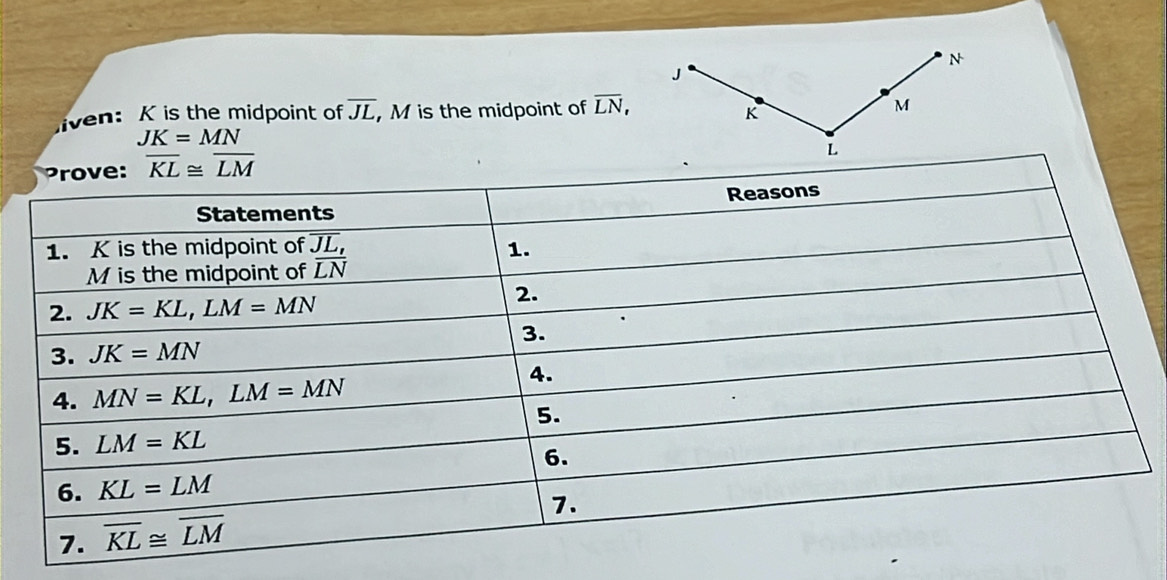 iven: K is the midpoint of overline JL ,M is the midpoint of overline LN,
JK=MN