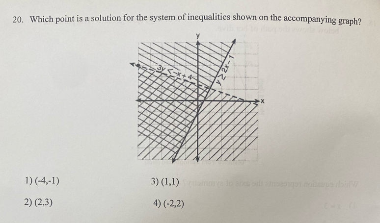 Which point is a solution for the system of inequalities shown on the accompanying graph?
1) (-4,-1) 3) (1,1)
2) (2,3) 4) (-2,2)