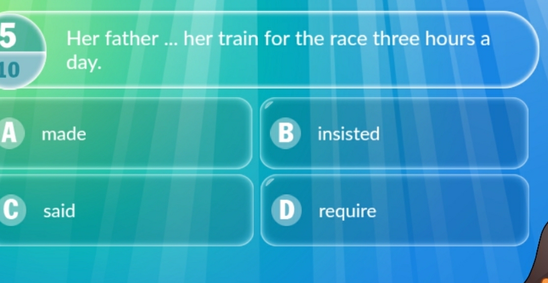 Her father ... her train for the race three hours a
1O day.
a made insisted
said require