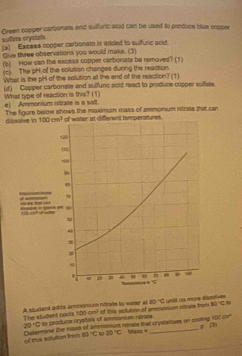 Green copper carbonate and sulfuric acid can be used to produce blue cooper
sulfate crystals.
(a) Excess copper carbonate is added to suifuric acid.
Give three observations you would make. (3)
(b) How can the excess copper carbonate be removed? (1)
(c) The pH of the solution changes durng the reaction.
What is the pH of the solution at the end of the reaction? (1)
(d) Copper carbonate and sulfuric acid react to produce copper sulfate.
What type of reaction is this? (1)
e) Ammonium nitrate is a salt.
The figure below shows the maximum mass of ammonium nitrate that can
dies.
A student adds ammonium nitrate to water at 80°C until no more disscives
The student cools 100cm^3 of this solution of ammonium nitrate from 80°C
20°C to produce crystals of ammonium nitrase.
Determine the mass of ammonium ritrate that crystallises on cooling 100cm^2
of this solution from 80°C 10 20°C Mass = g (3)