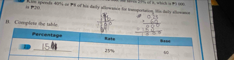 He saves 25% of it, which is P3 000. 
09 Kim spends 40% or P8 of his daily allowance for transportation. His daily allowance is P20. 
B. Complete the table.