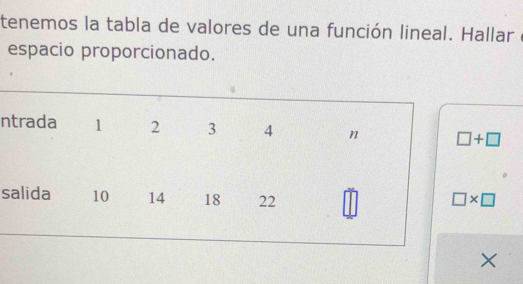 tenemos la tabla de valores de una función lineal. Hallar 
espacio proporcionado.
n □ +□
s □ * □
×