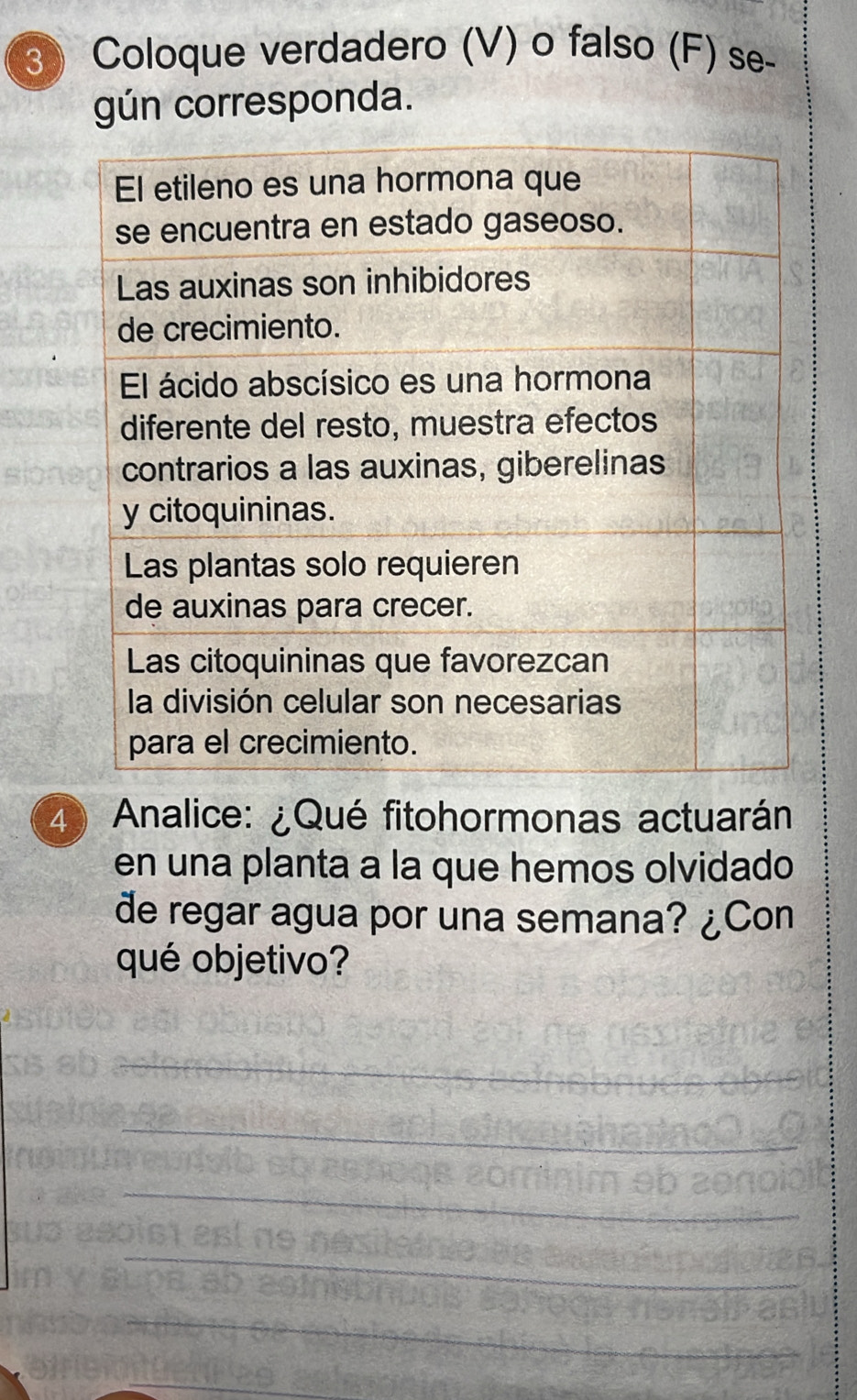 Coloque verdadero (V) o falso (F) se- 
gún corresponda. 
4 Analice: ¿Qué fitohormonas actuarán 
en una planta a la que hemos olvidado 
de regar agua por una semana? ¿Con 
qué objetivo?