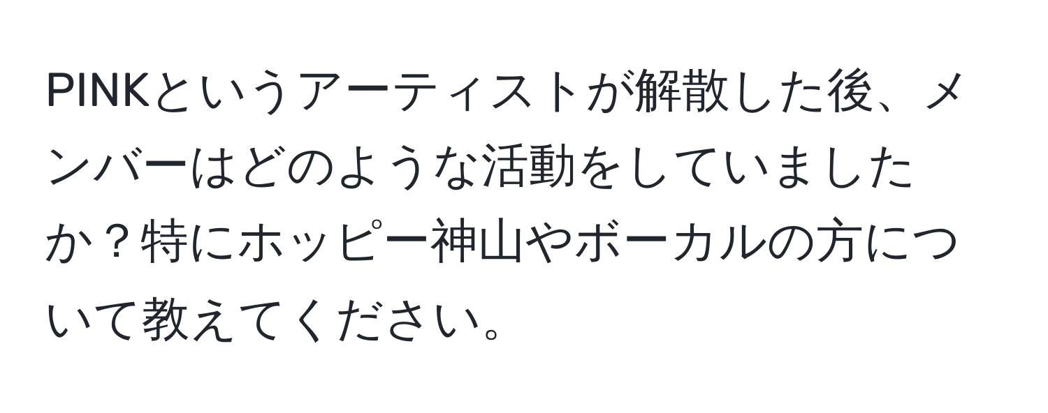 PINKというアーティストが解散した後、メンバーはどのような活動をしていましたか？特にホッピー神山やボーカルの方について教えてください。