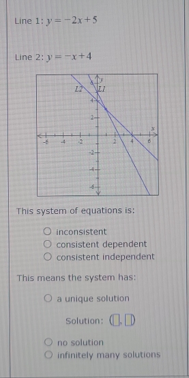 Line 1: y=-2x+5
Line 2: y=-x+4
This system of equations is:
inconsistent
consistent dependent
consistent independent
This means the system has:
a unique solution
Solution: (□ ,□ )
no solution
infinitely many solutions