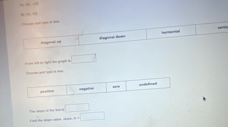 (-16,-16)
(-16,10)
Choose and type in box
vertic
diagonal up diagonal down horizontal
From left to right the graph is □ 
Choose and type in box.
positive negative zero undefined
The slope of the line is □ 
Find the slope value. slope, m=□