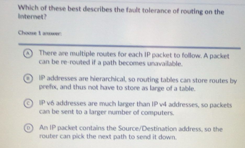Solved: Which of these best describes the fault tolerance of routing on ...