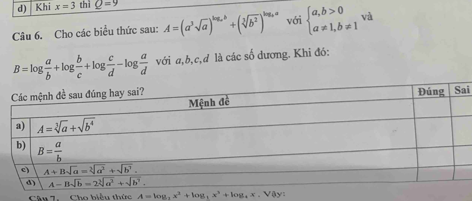 Khi x=3 thì Q=9
Câu 6. Cho các biểu thức sau: A=(a^3sqrt(a))^log _ab+(sqrt[3](b^2))^log _ba với beginarrayl a,b>0 a!= 1,b!= 1endarray. và
B=log  a/b +log  b/c +log  c/d -log  a/d  với a,b,c,d là các số dương. Khi đó:
i
Câu 7. Cho biểu thức A=log _2x^2+log _ 1/2 x^3+log _4x